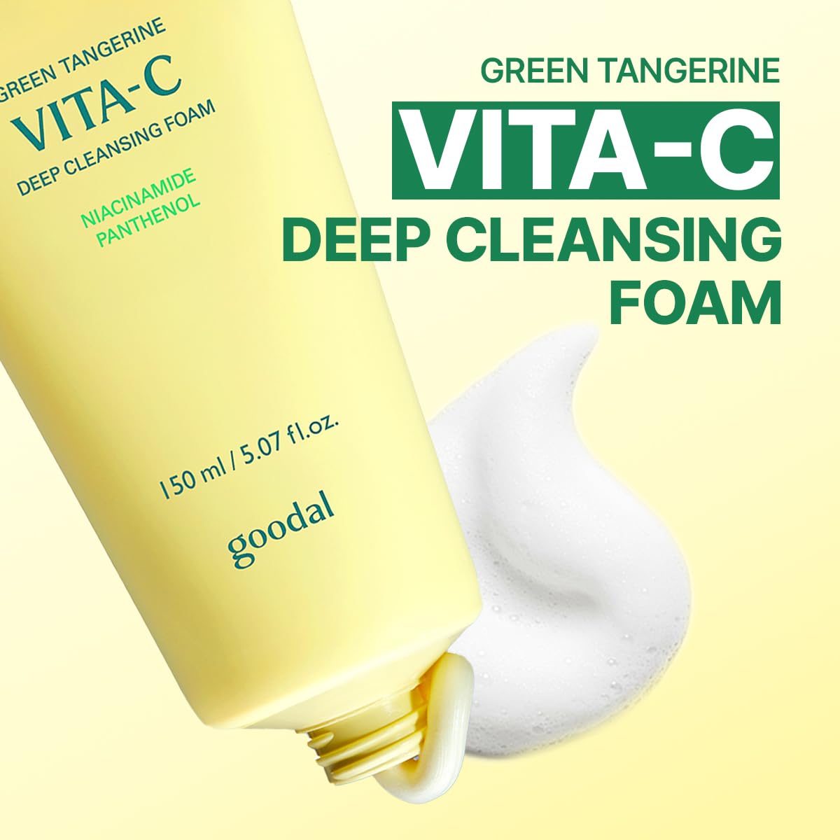 GOODAL Green Tangerine Cleansing Foam bottle back, highlights key ingredients and usage tips.