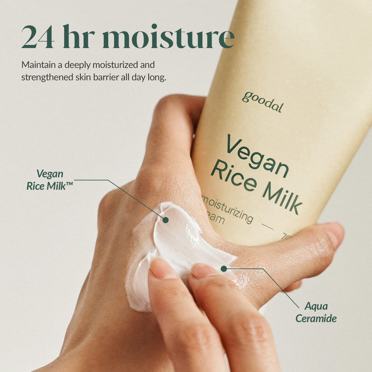 GOODAL Vegan Rice Milk Cream texture closeup shows luxurious, fast absorption