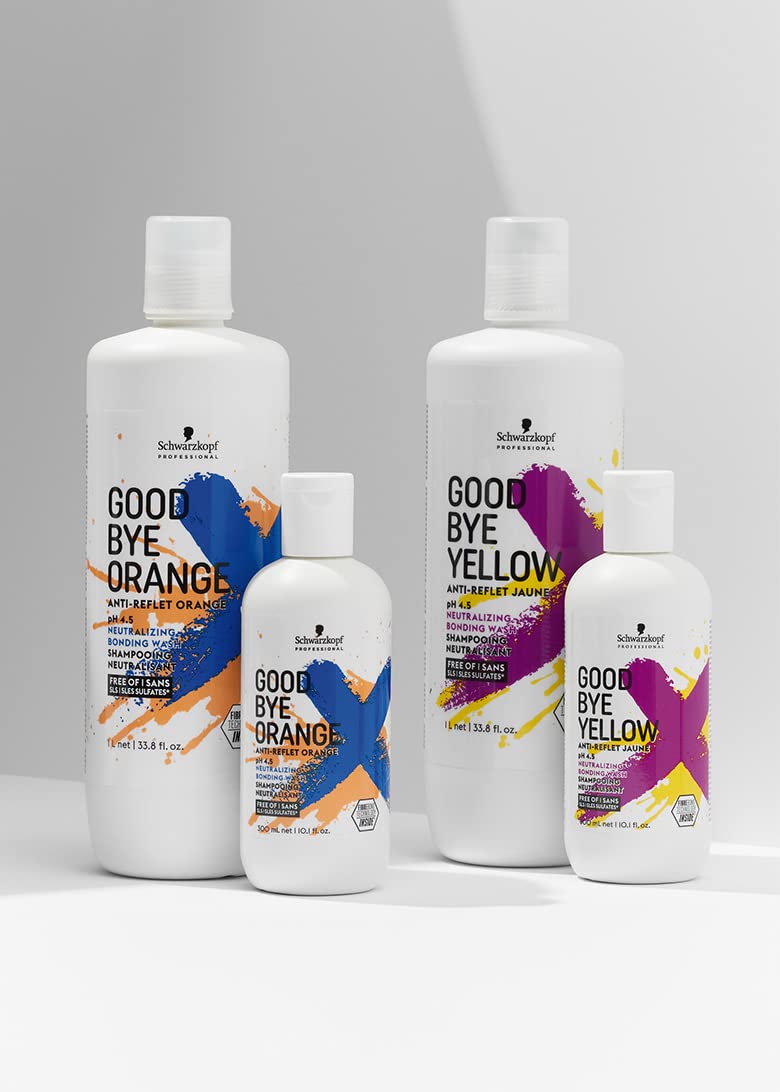 GOODBYE YELLOW bonding technology graphic illustrating care for color-treated hair.