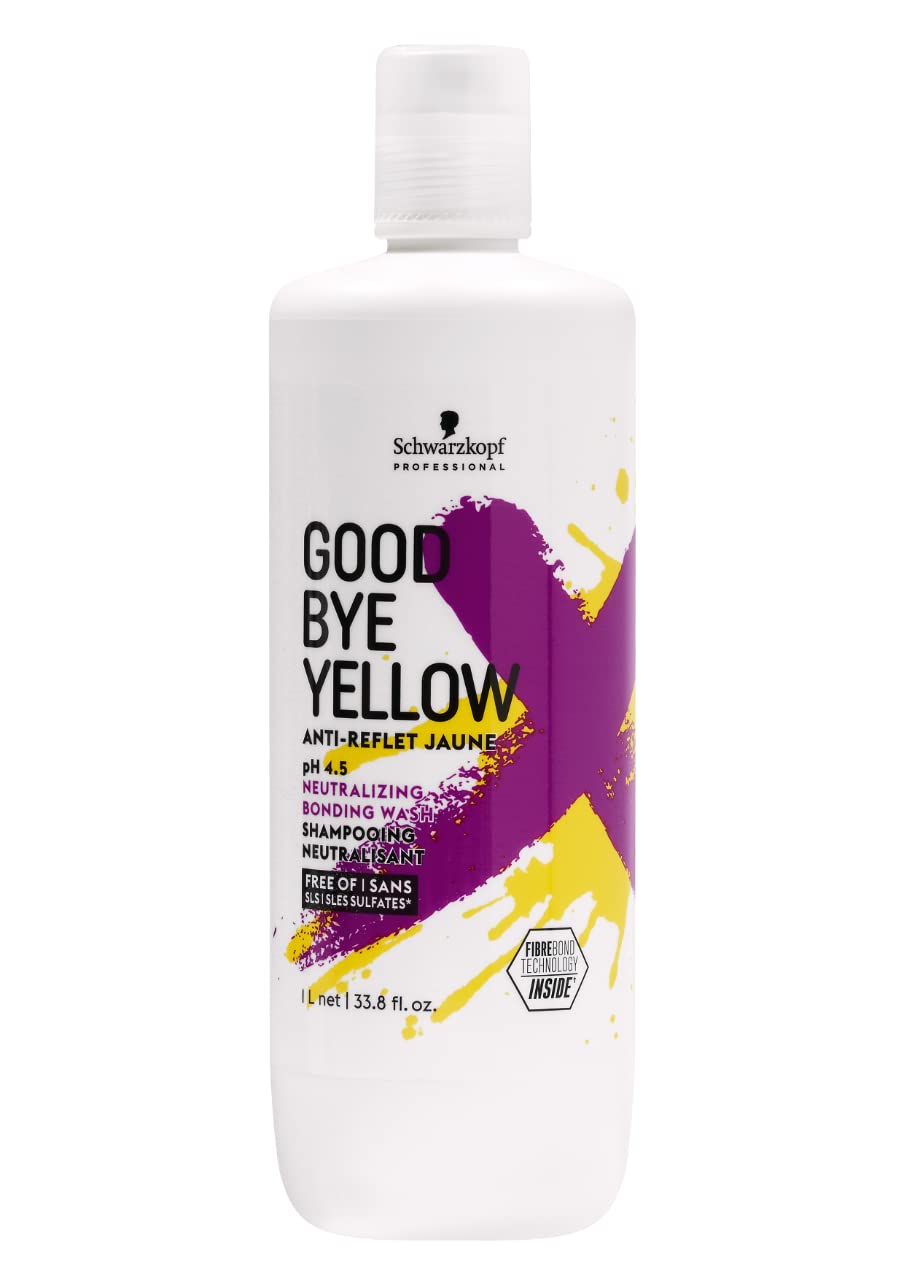 GOODBYE YELLOW purple shampoo bottle pours to reduce brassiness in blonde and gray hair.