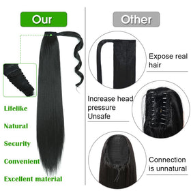 Goodear drawstring ponytail with clip provides secure, damage-free attachment.
