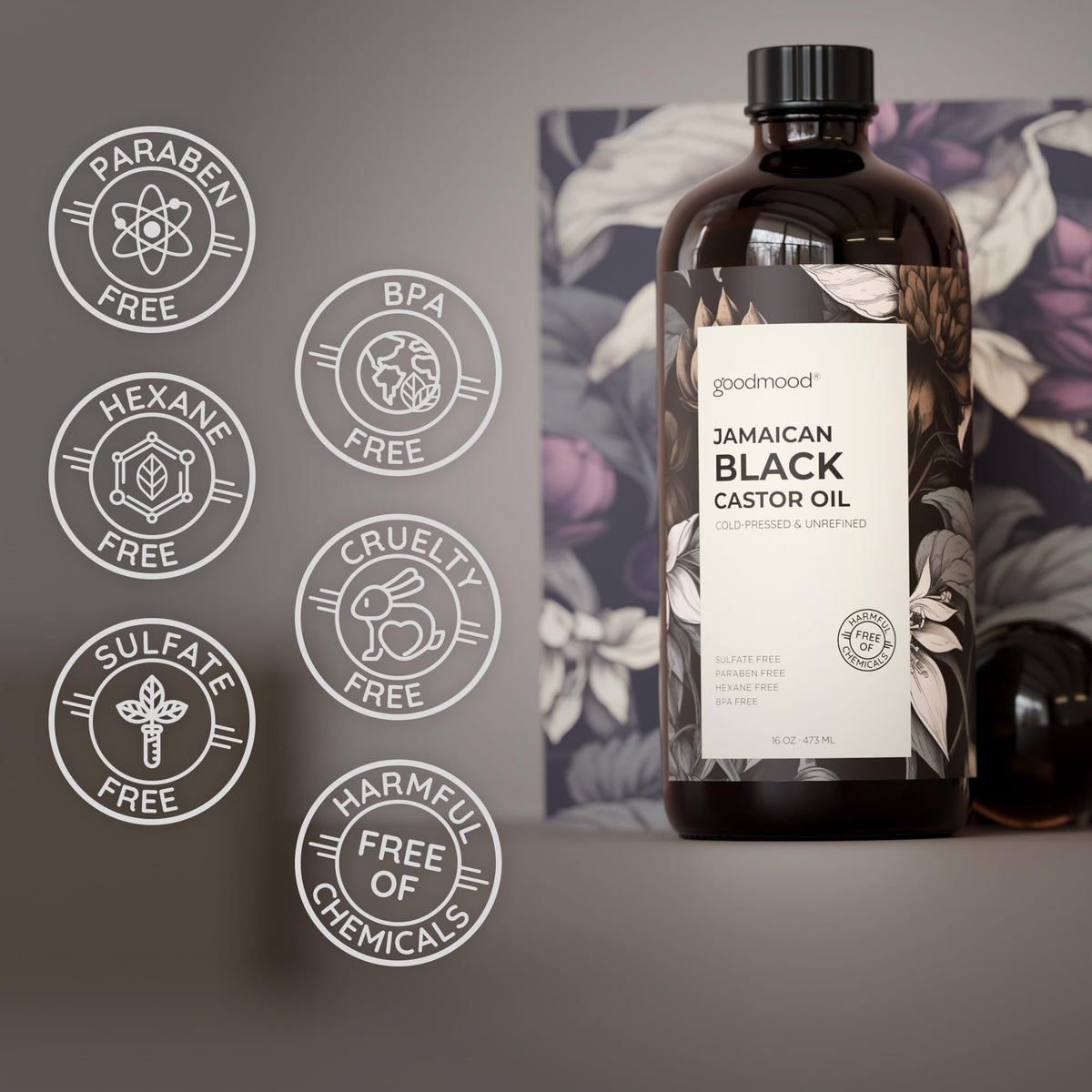 GOODMOOD Jamaican Black Castor Oil label closeup showing organic cold-pressed formula
