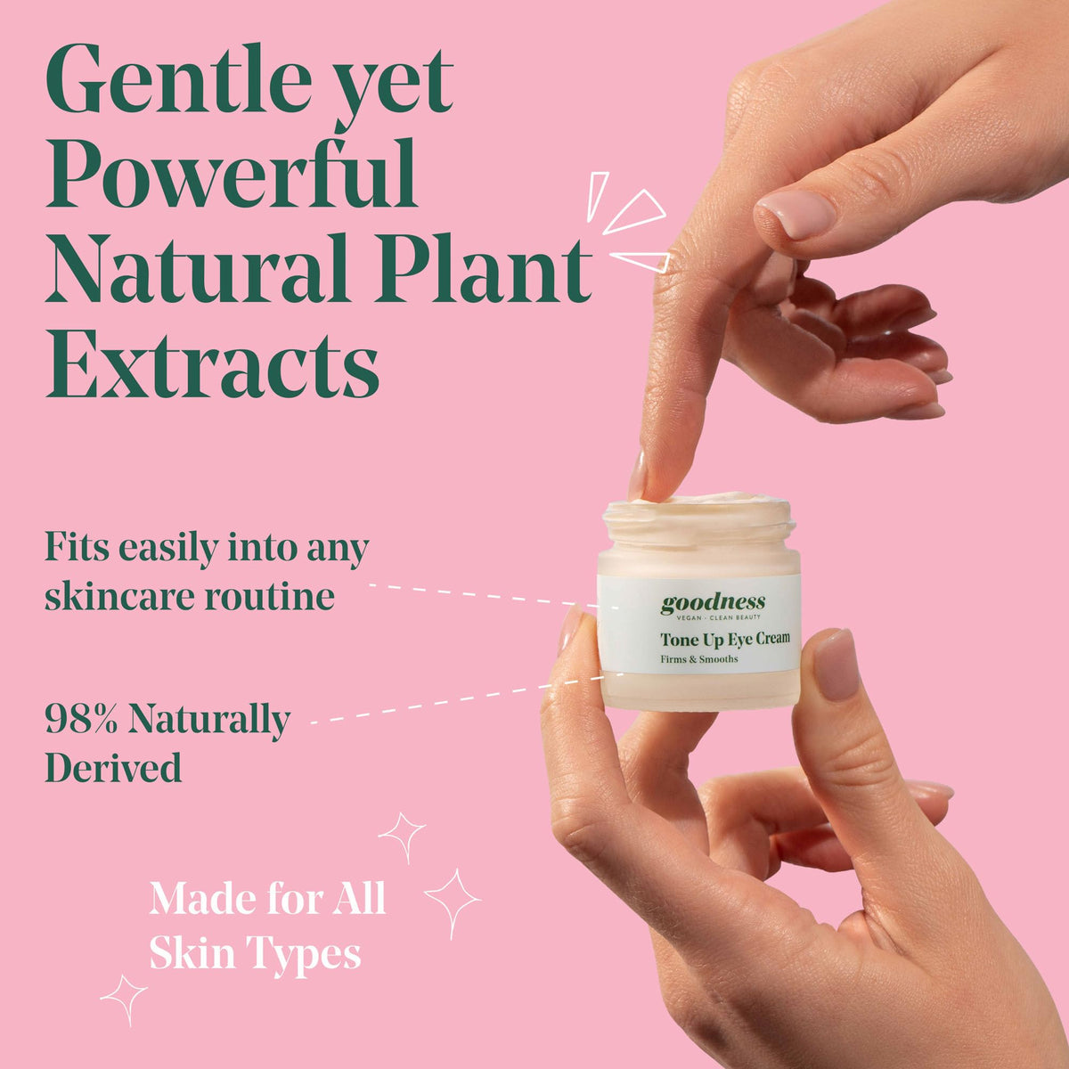 GOODNESS VEGAN Eye Cream used under makeup for a smooth base.