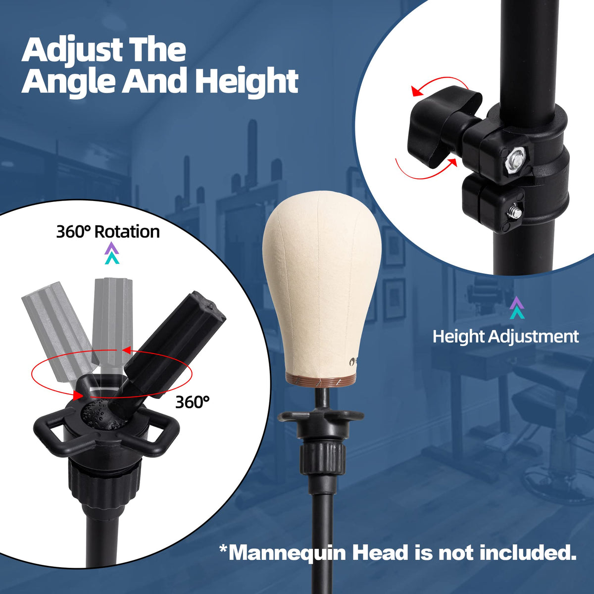 Goodofferplace wig holder rotates 360 degrees for full access during styling.