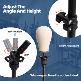Goodofferplace wig holder rotates 360 degrees for full access during styling.
