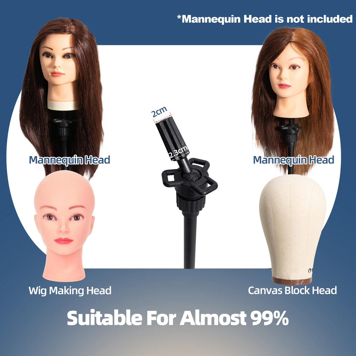 Goodofferplace metal tripod wig stand with triangular support for stability.