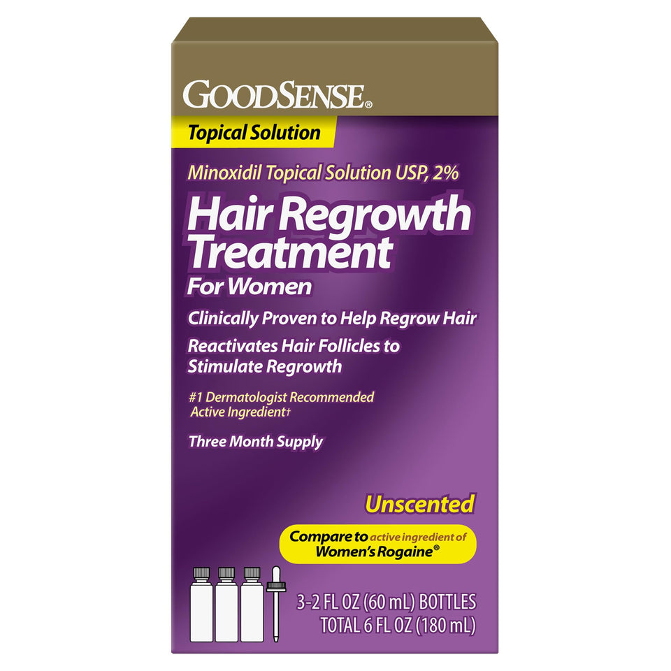 GoodSense Minoxidil 2% bottle for at-home use, unscented and easy application
