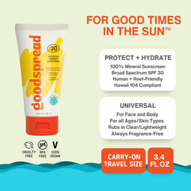 Goodspread Mineral Sunscreen SPF 30 reef-safe formula protecting oceans.