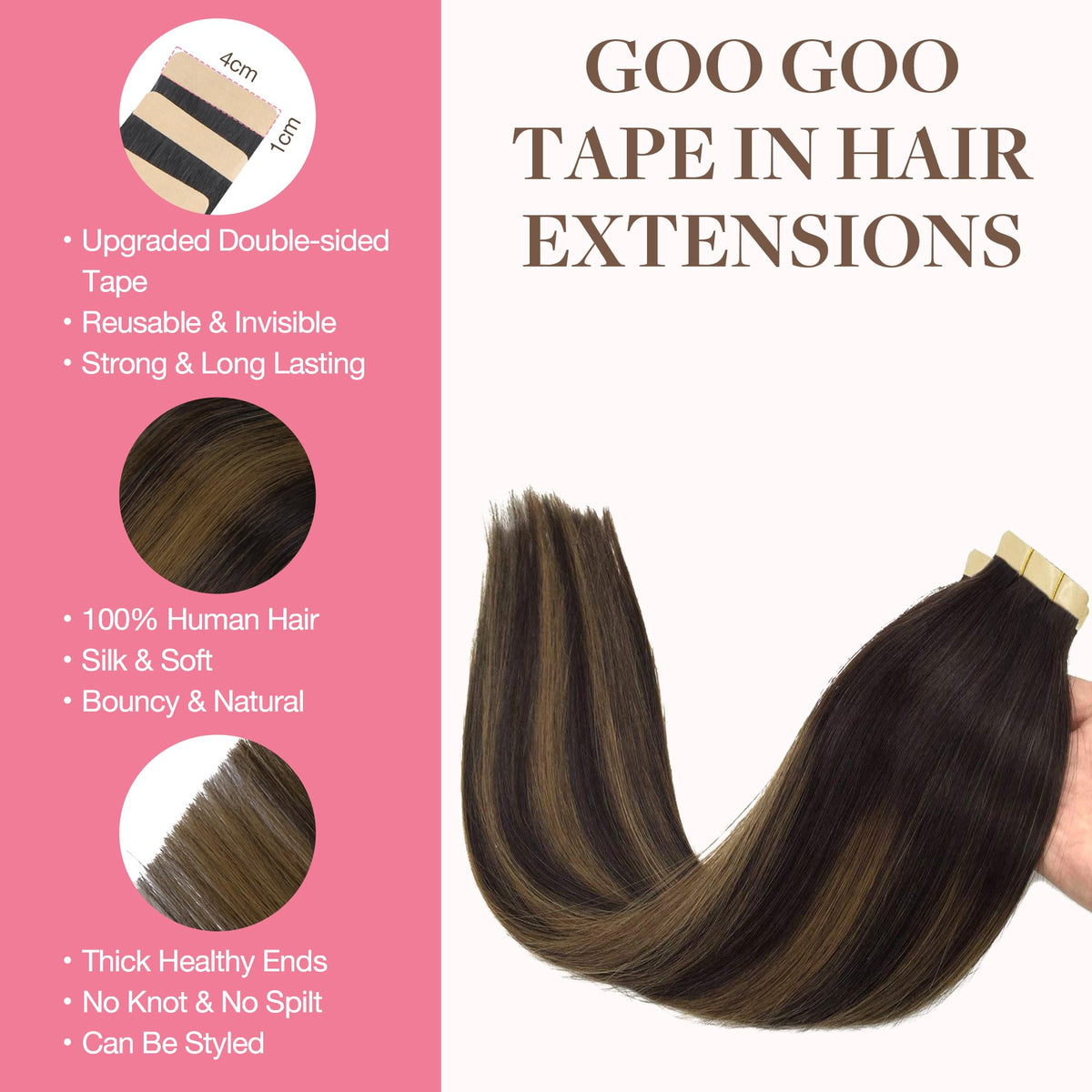 GOO GOO balayage color swatches from dark brown to chestnut for seamless matching.