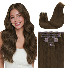 GOO GOO clip-in extensions in silky straight texture for natural blend.