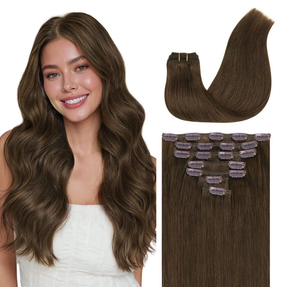 GOO GOO clip-in extensions in silky straight texture for natural blend.