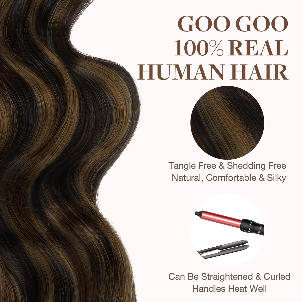 GOO GOO extensions withstand heat styling up to 250°F for versatile looks.
