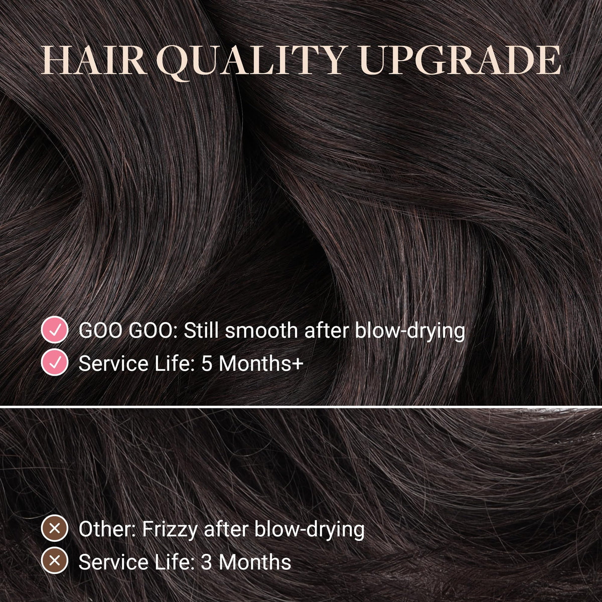 GOO GOO Remy hair tape-in with invisible seam for natural look.
