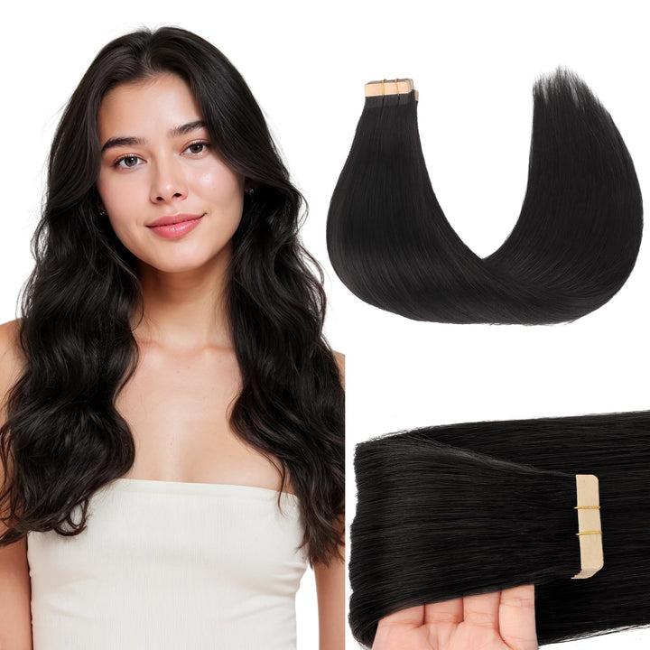 GOO GOO Tape-In Extensions 1B natural black with skin-weft for seamless blend.