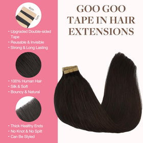Close-up of invisible tape on GOO GOO extensions for seamless adhesion.
