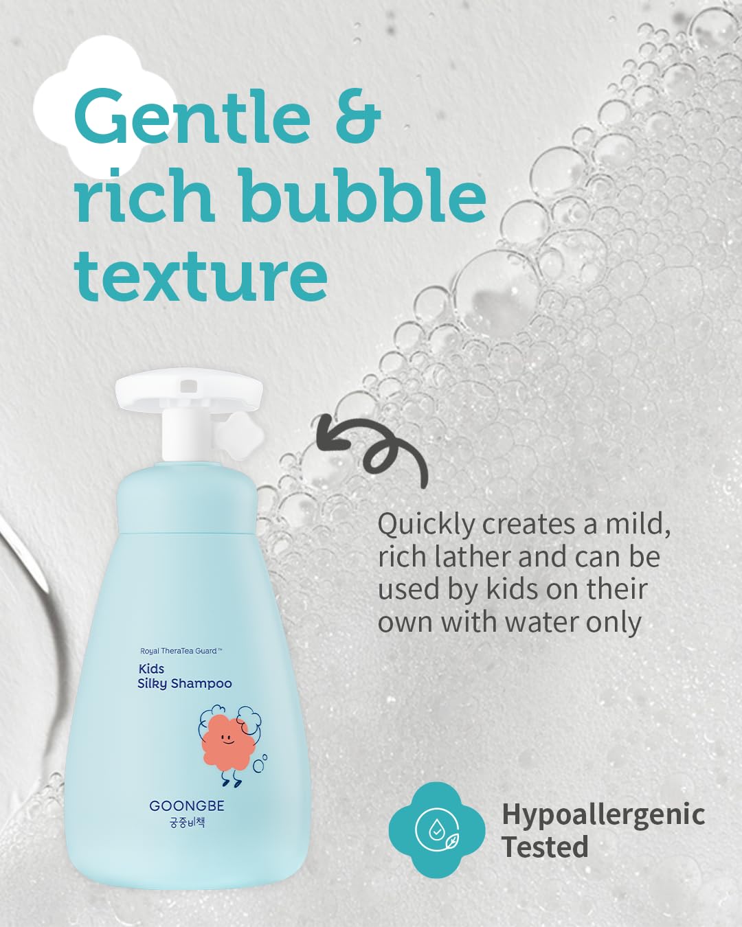 GOONGBE Kids' Silky Shampoo ingredients visual emphasizes natural Royal TheraTea Guard benefits.