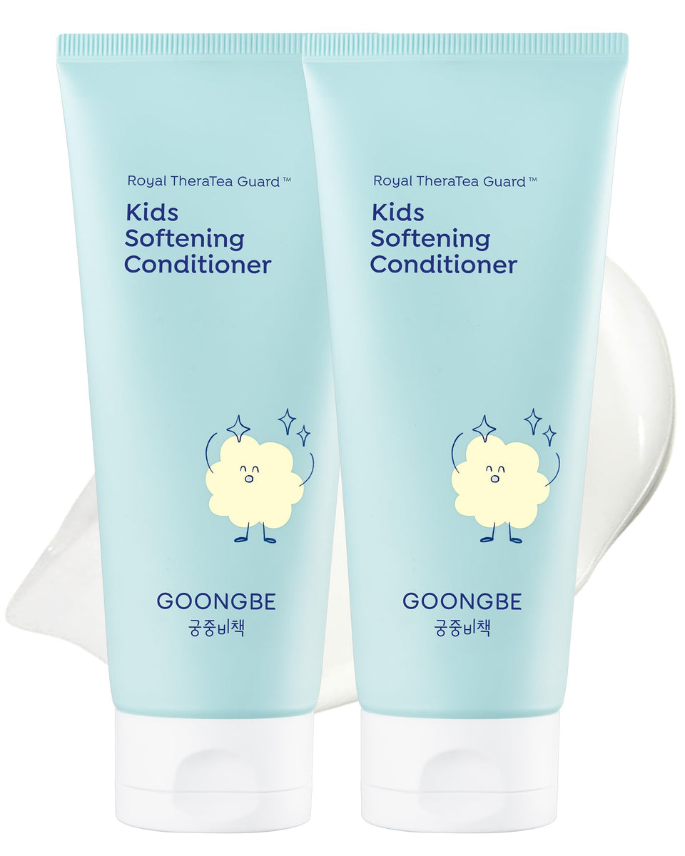 GOONGBE Kids softening conditioner bottle promotes gentle, frizz-resistant hair care.