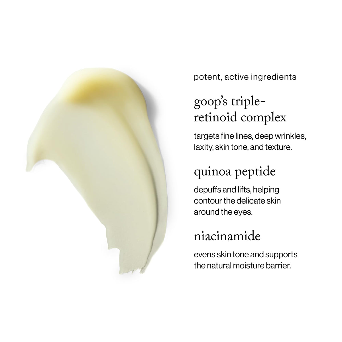 goop Beauty 3x Retinol Eye Lift Serum in a bathroom setting with other skincare.