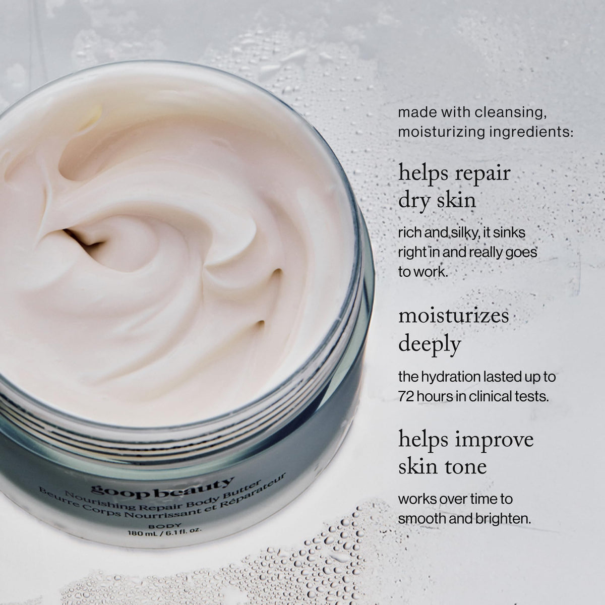 Goop Beauty Body Butter bottle in use, showing easy rub-in for smooth, nourished skin