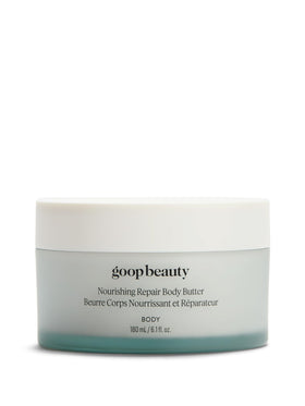 Goop Beauty Body Butter jar close-up demonstrates rich texture for deep hydration