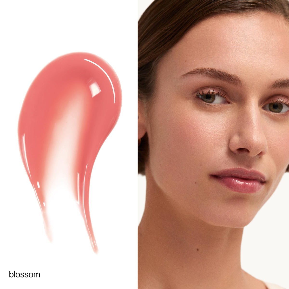 Goop Hydra-Barrier Gloss Blossom swatch, showing sheer color with plush, plumping shine.