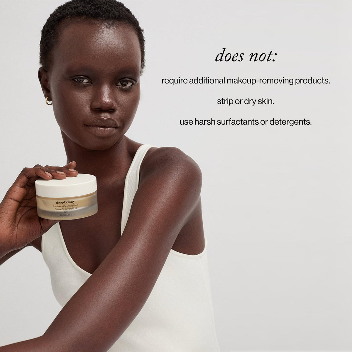 Goop Beauty Cleansing Balm safely removes eye and lip makeup without irritation.