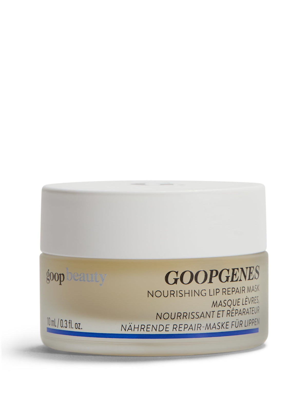 goop Nourishing Lip Repair Mask jar closeup showing buttery texture for instant comfort.