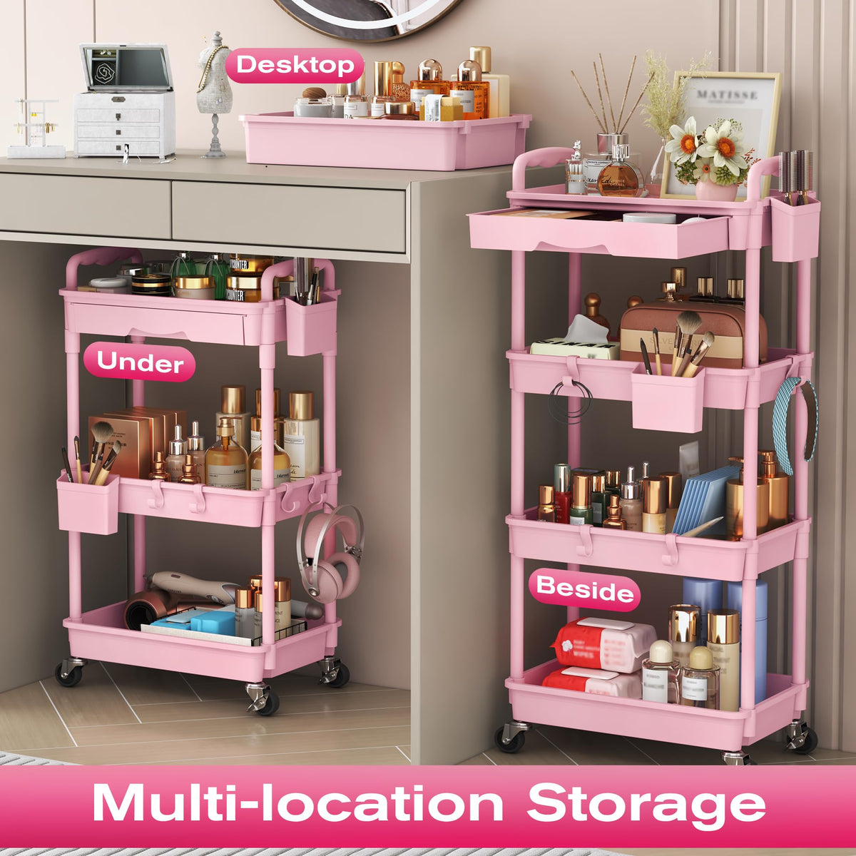 Goovilla makeup cart in-use beside vanity with organized cosmetics
