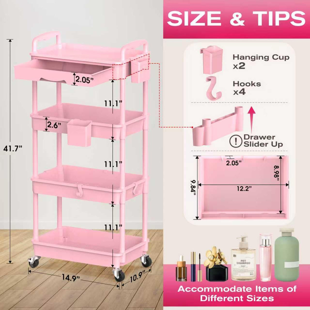 Goovilla rolling makeup cart side view highlighting 360-degree wheels for easy access