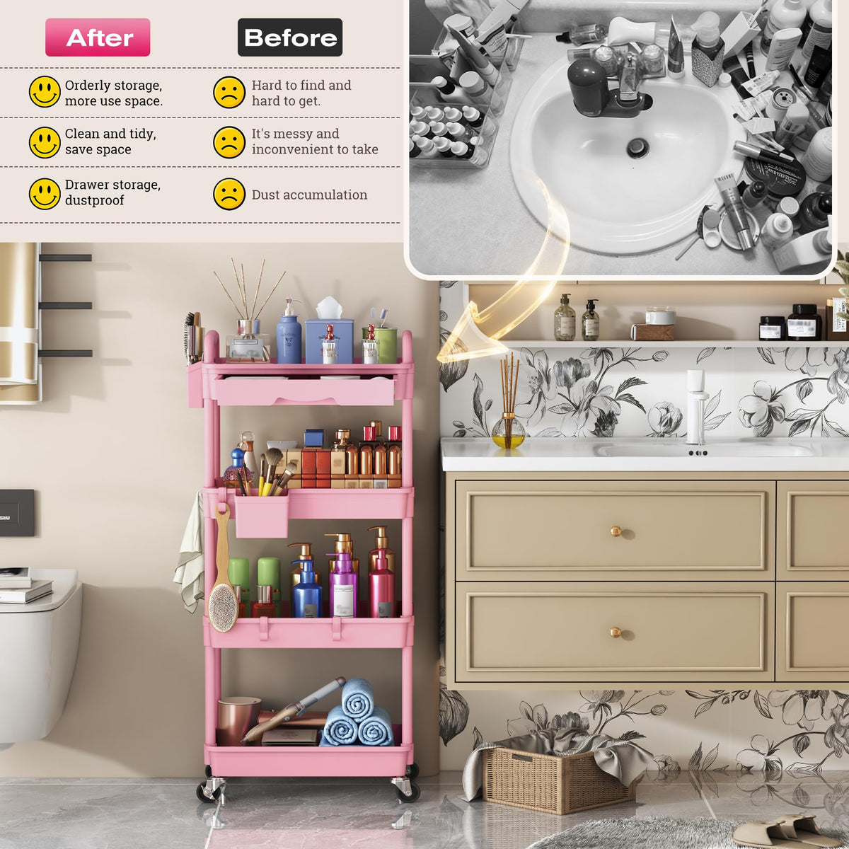 Goovilla rolling makeup cart storage ideas for bathroom or studio