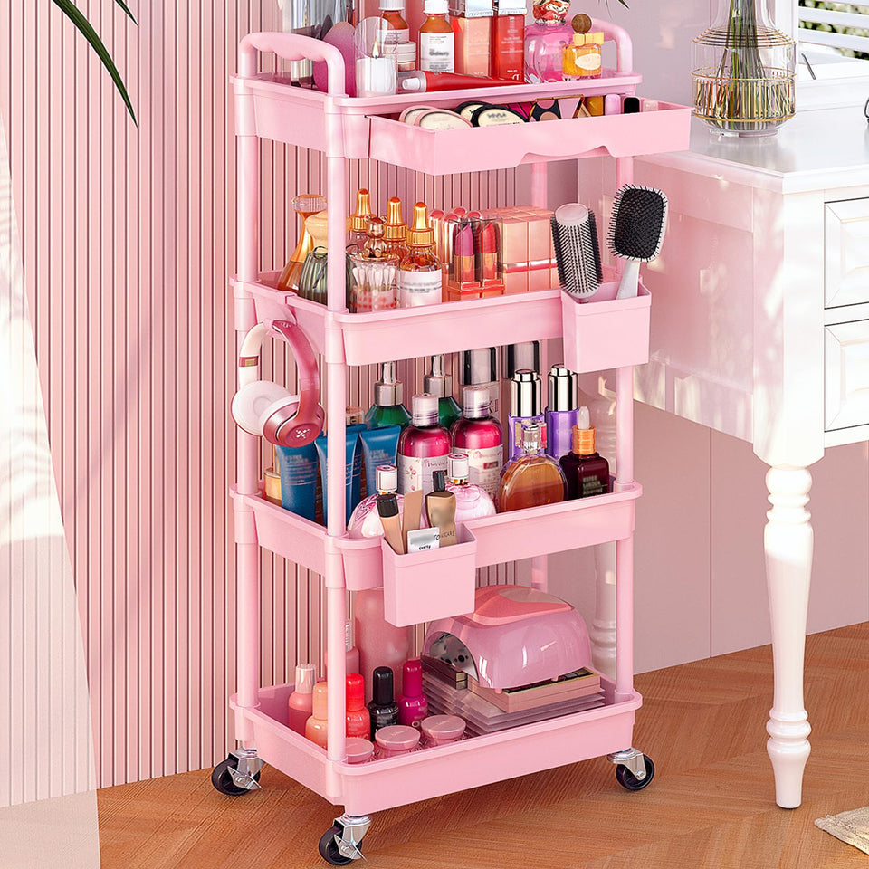 Goovilla rolling makeup cart top view showing flat surface for palettes and bottles