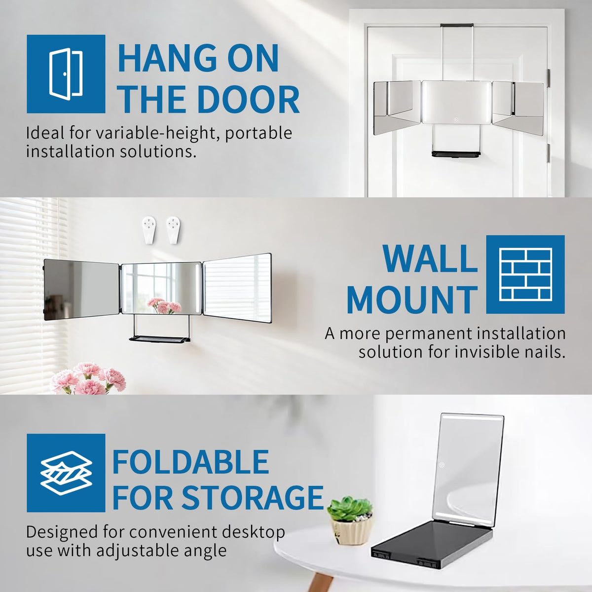 GOQELK mirror is height adjustable for door, wall, or tabletop use
