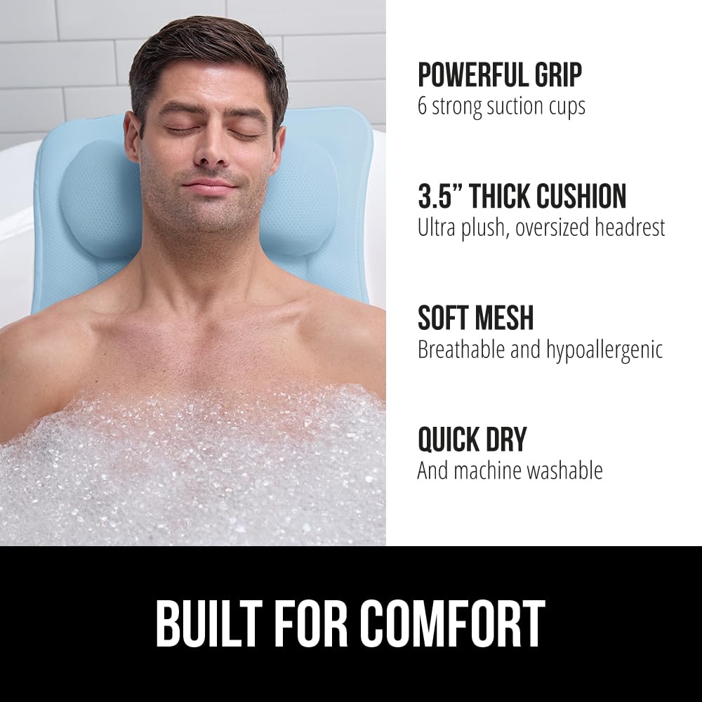 Gorilla Grip bath pillow with FlexComfort headrest contours to neck for gentle support.