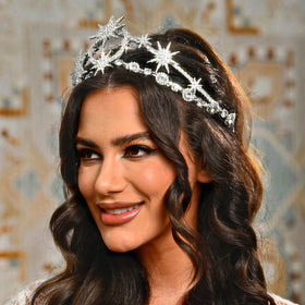 GORTIN silver bridal headband with star and moon motif for elegant weddings.