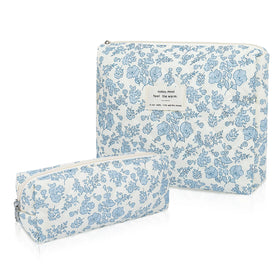 Gosect 2pc makeup bag set in blue floral, front view, spacious for cosmetics.