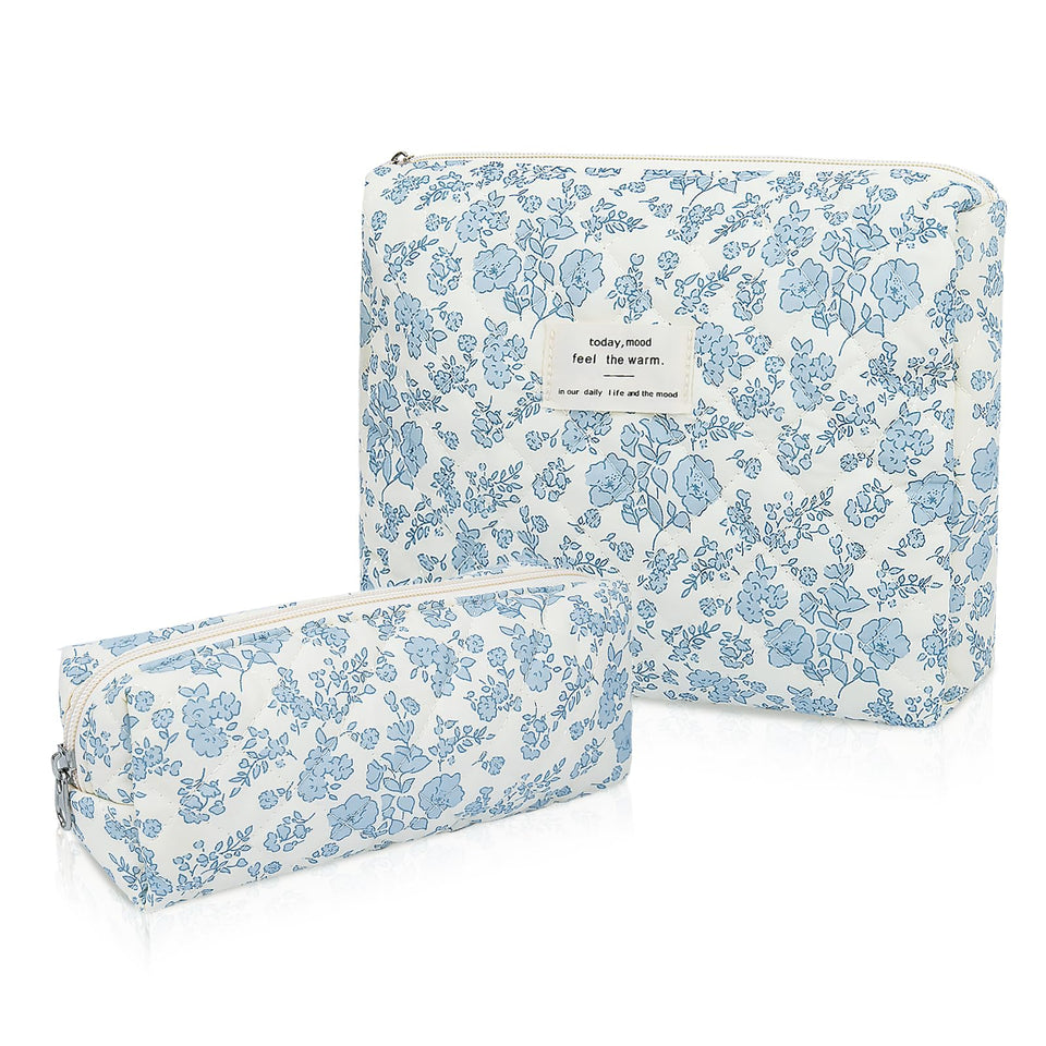 Gosect 2pc makeup bag set in blue floral, front view, spacious for cosmetics.
