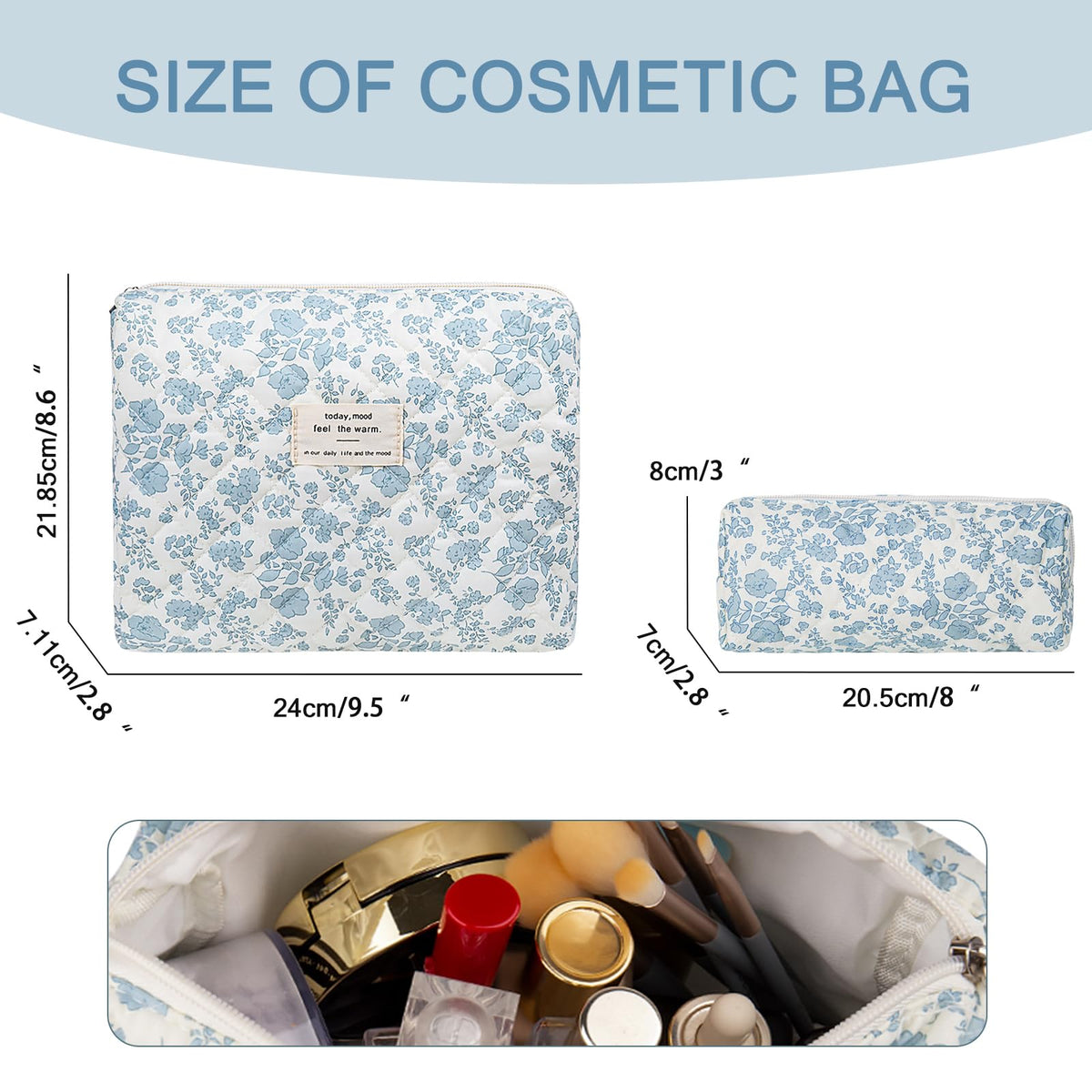 Gosect 2pc makeup bag set blue floral, side profile for travel organization.