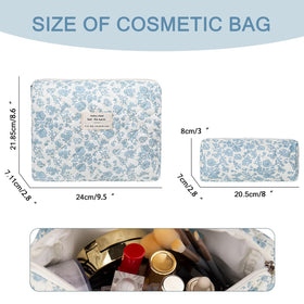 Gosect 2pc makeup bag set blue floral, side profile for travel organization.