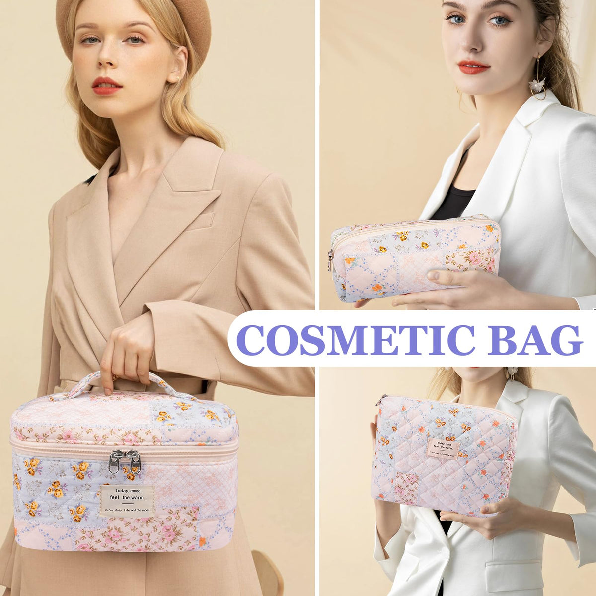 Gosect cotton quilted makeup bag detail stitching highlights durable construction