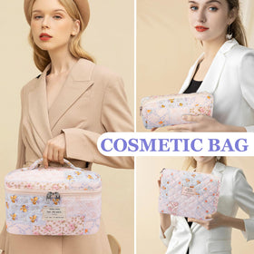 Gosect cotton quilted makeup bag detail stitching highlights durable construction