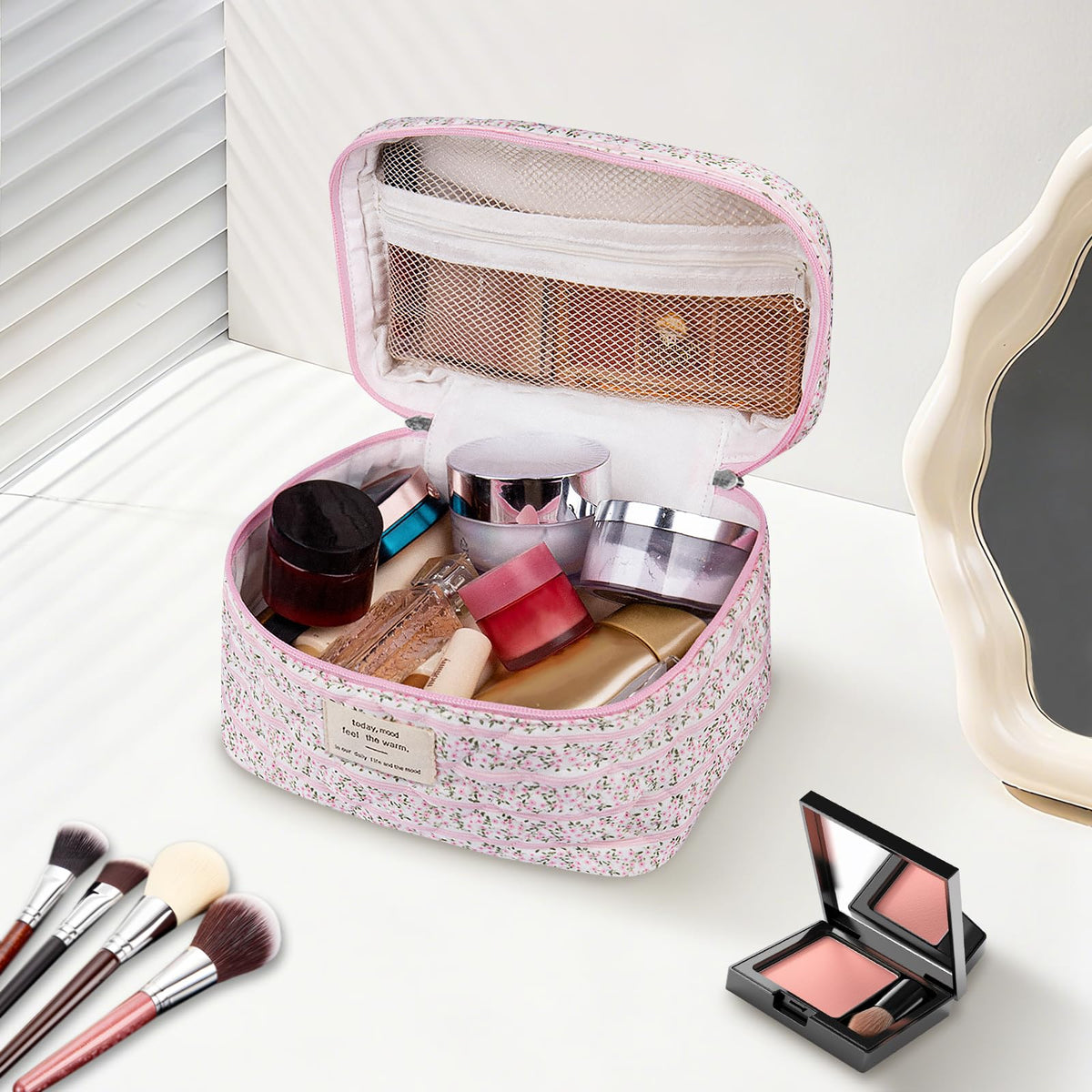 Gosect cute cosmetic bag for women, travel-friendly organizer with a stylish pink floral look