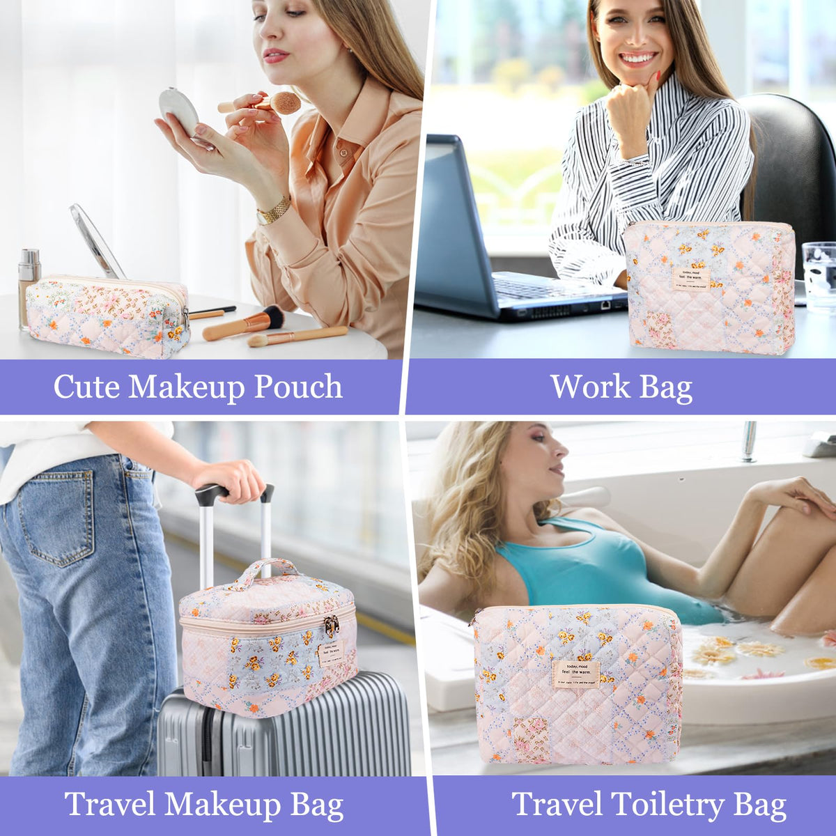 Gosect floral cosmetic bag set arrangement displaying three sizes together