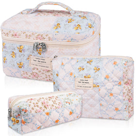 Gosect floral quilted makeup bag large showing roomy storage for cosmetics
