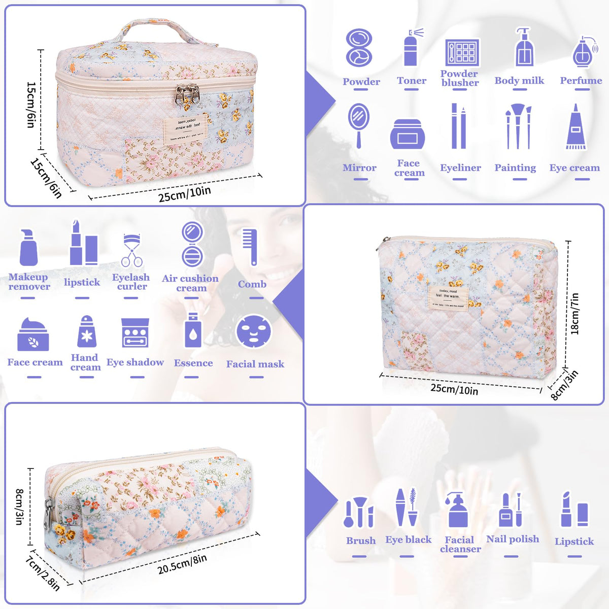 Gosect floral quilted makeup bag medium for daily use