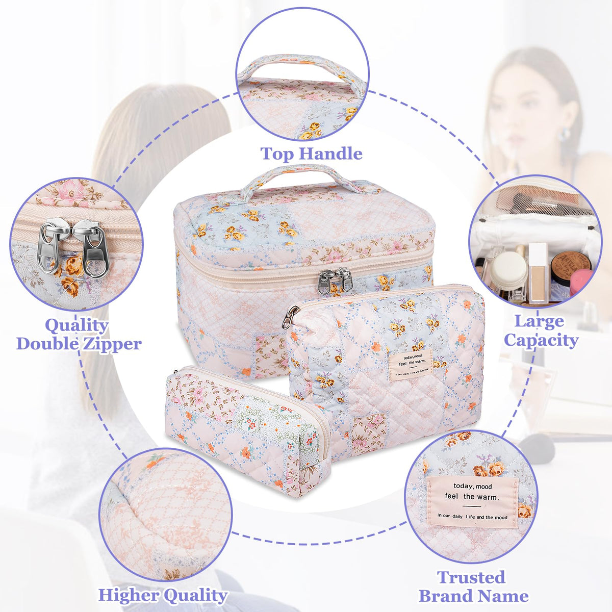 Gosect floral quilted makeup bag small ideal for travel essentials