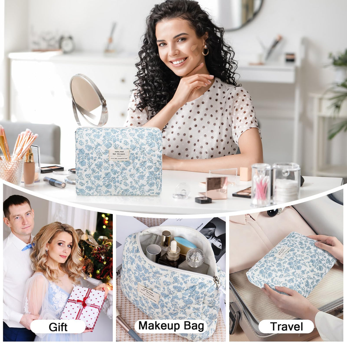 Gosect gold zipper details makeup bag blue floral, durable closure and style.