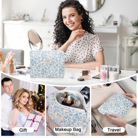 Gosect gold zipper details makeup bag blue floral, durable closure and style.