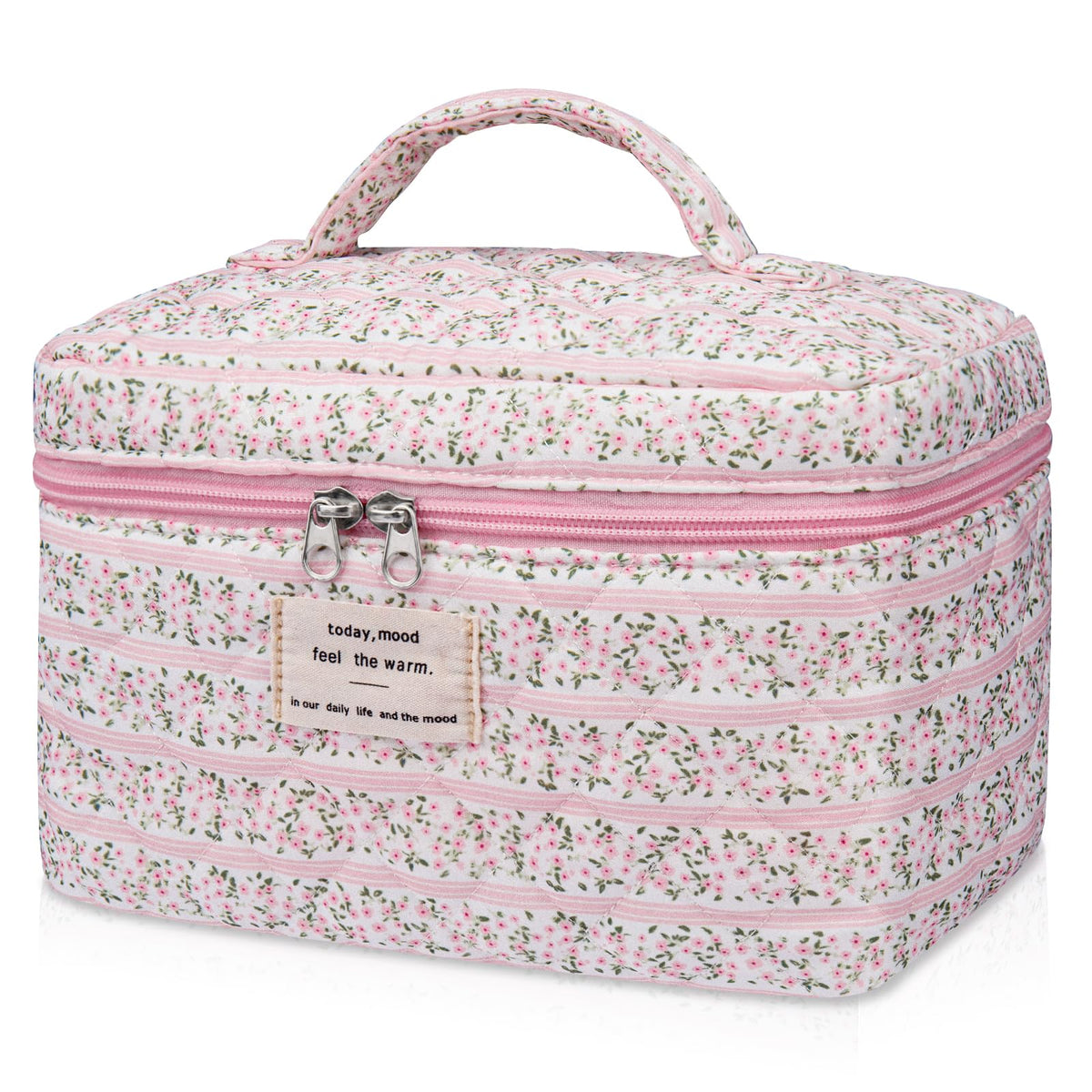 Gosect large makeup bag with floral pattern showing spacious storage for cosmetics on the go