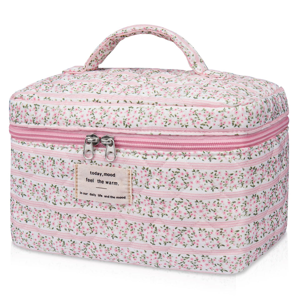 Gosect large makeup bag with floral pattern showing spacious storage for cosmetics on the go