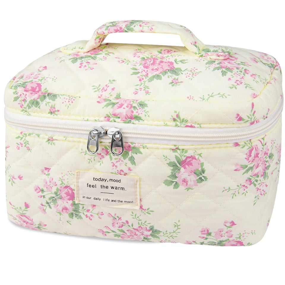 Gosect large travel makeup bag in pink floral pattern for stylish on-the-go organization.